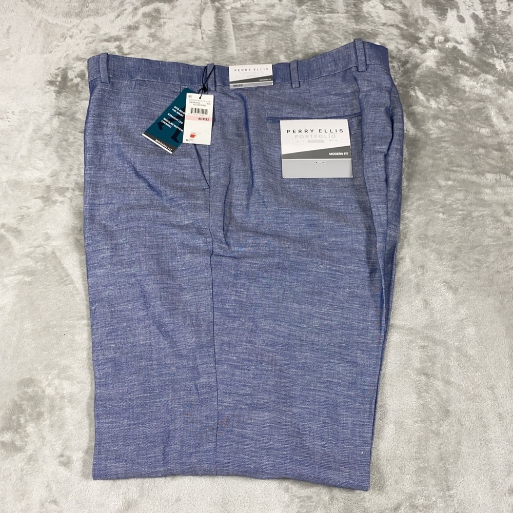 Perry Ellis Pants Men 40X 32 Blue Modern Fit Linen Blend Lightweight Casual NWT